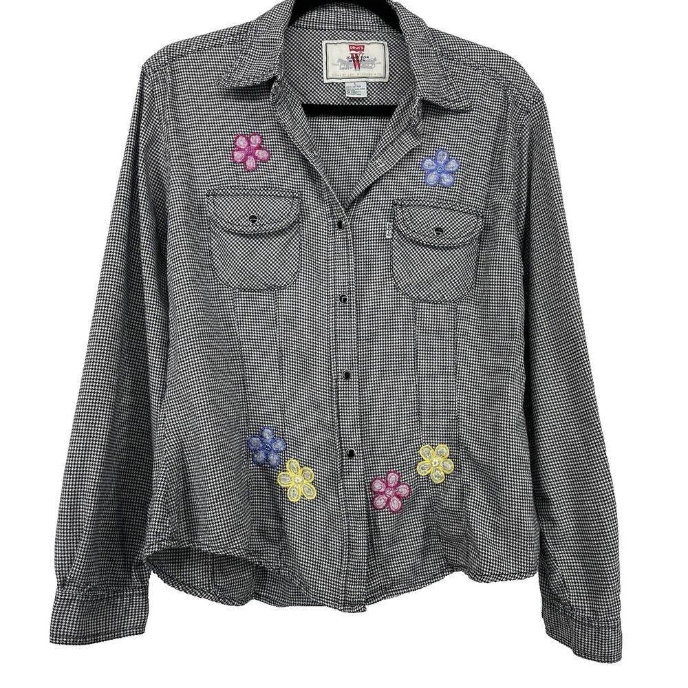 Levis Vintage Y2K Size L Houndstooth Snap Button Front‎ Embroidered Top Floral